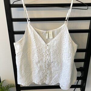 Japna White Eyelet Button-Front Cami Tank Top | Size L